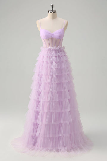 Violet clair A-ligne corset étagé robe de bal longue transparente avec volants